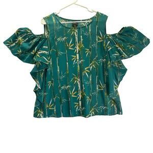 Worthington Teal Bamboo Print Cold Shoulder Blouse